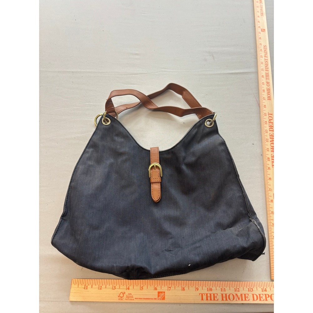 Talbots Navy Blue Denim Hobo Shoulder Bag Tan Leather Trim Buckle Detail